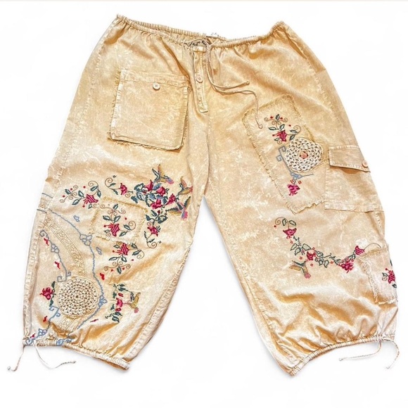 A Rare Bird Handmade Distressed Embroidered Floral Cargo style pants, OS - Picture 1 of 7